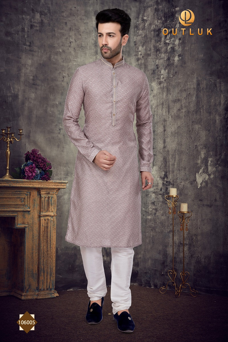 Dusty Pink Slub Silk Mens Kurta Pajama 106005