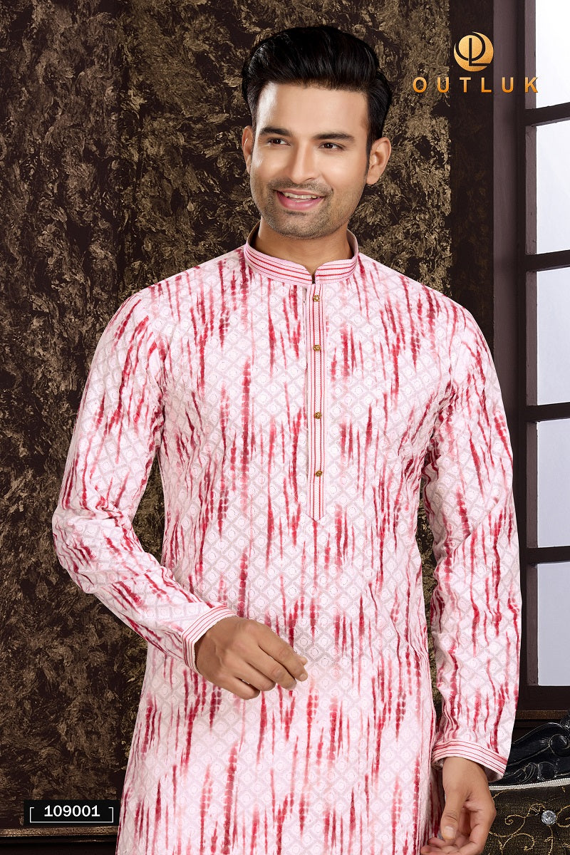 Red Cotton Mens Kurta Pajama 109001