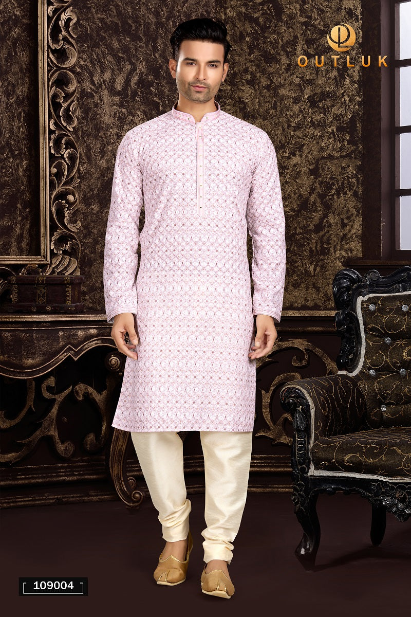 Pink Cotton Mens Kurta Pajama 109004