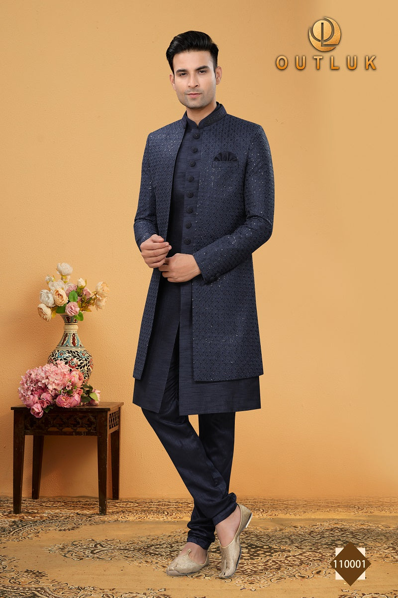 Navy Blue Art Silk Mens Indo western 110001