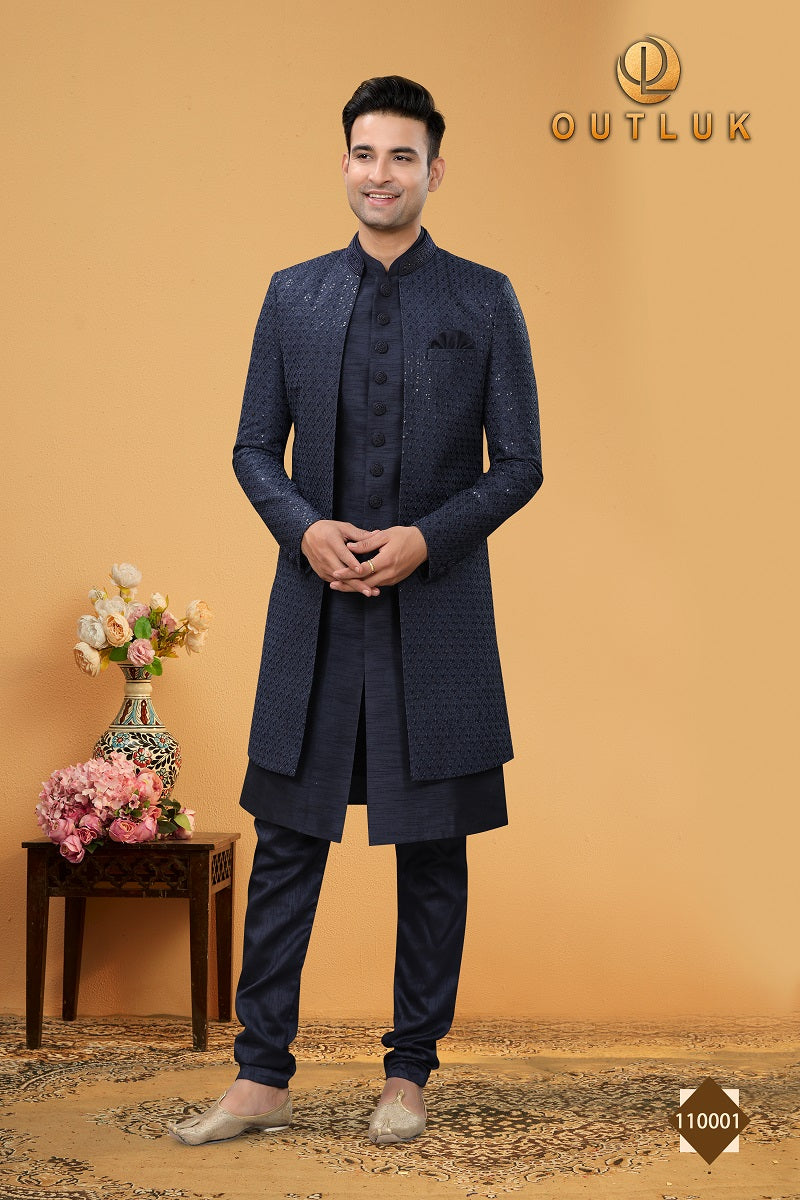 Navy Blue Art Silk Mens Indo western 110001