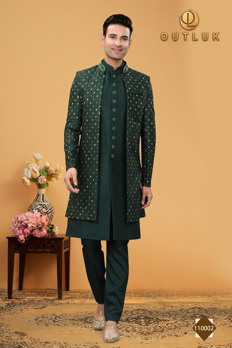 Bottle Green Art Silk Mens Indo western 110002