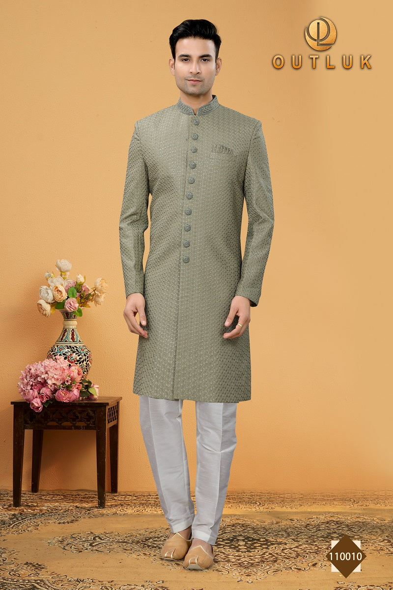 Green Art Silk Mens Indo western 110010