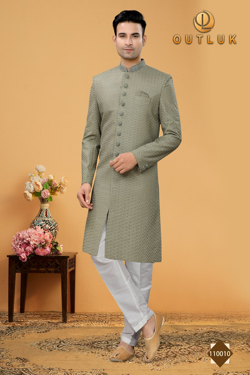 Green Art Silk Mens Indo western 110010