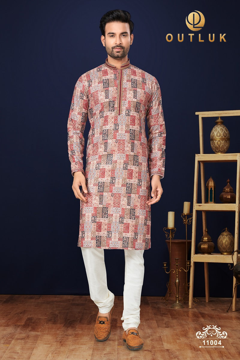 Red Cotton Mens Kurta Pajama 11004