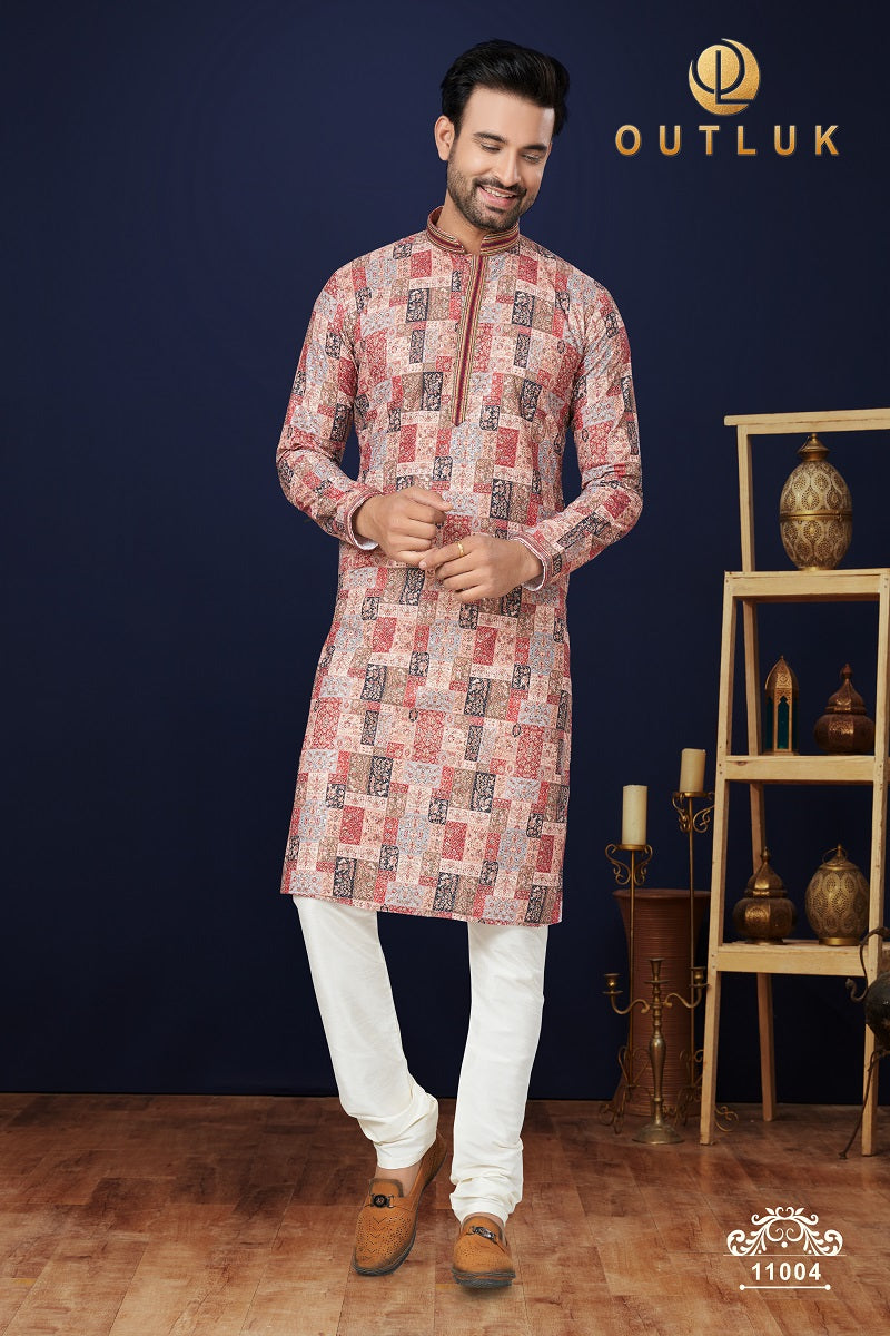 Red Cotton Mens Kurta Pajama 11004