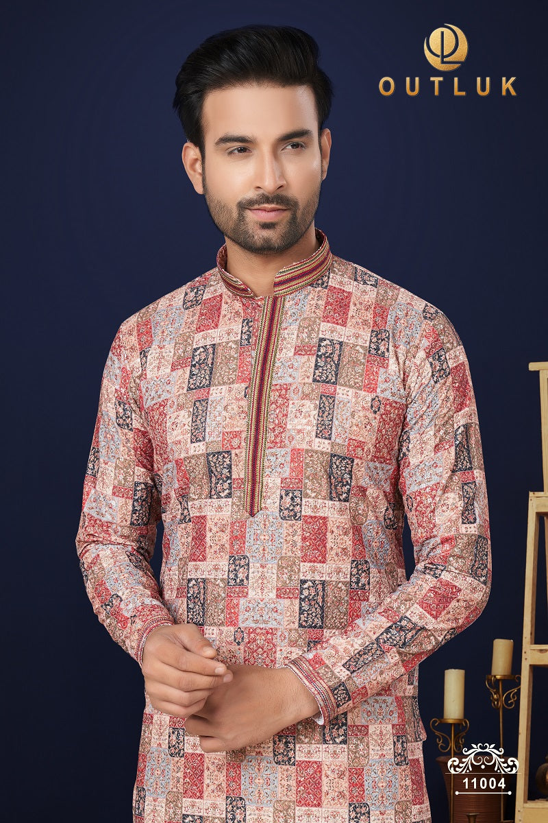 Red Cotton Mens Kurta Pajama 11004