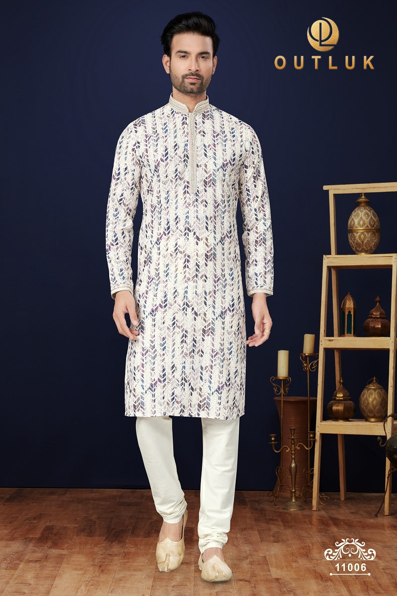 White And Purple Cotton Mens Kurta Pajama 11006