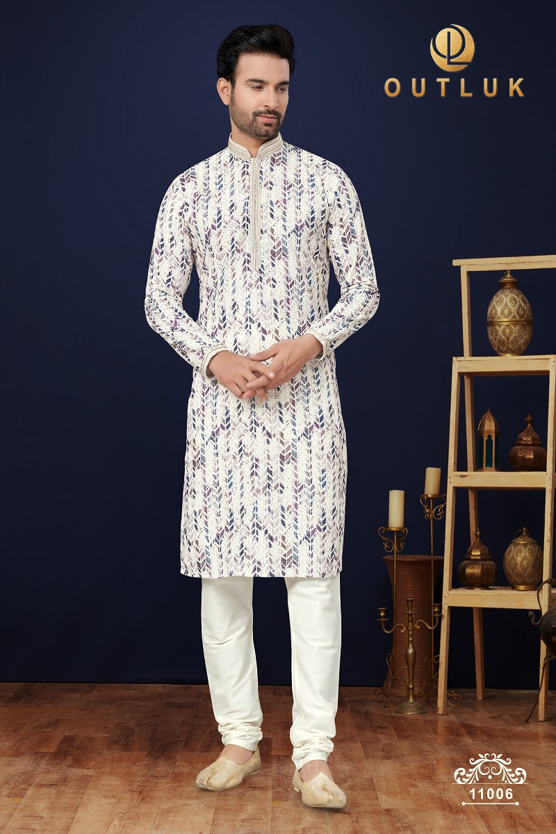 White And Purple Cotton Mens Kurta Pajama 11006