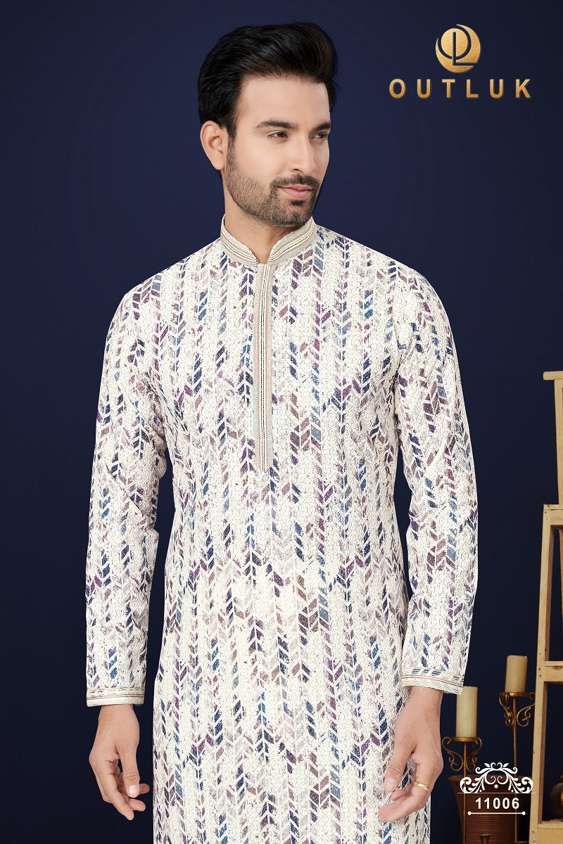 White And Purple Cotton Mens Kurta Pajama 11006