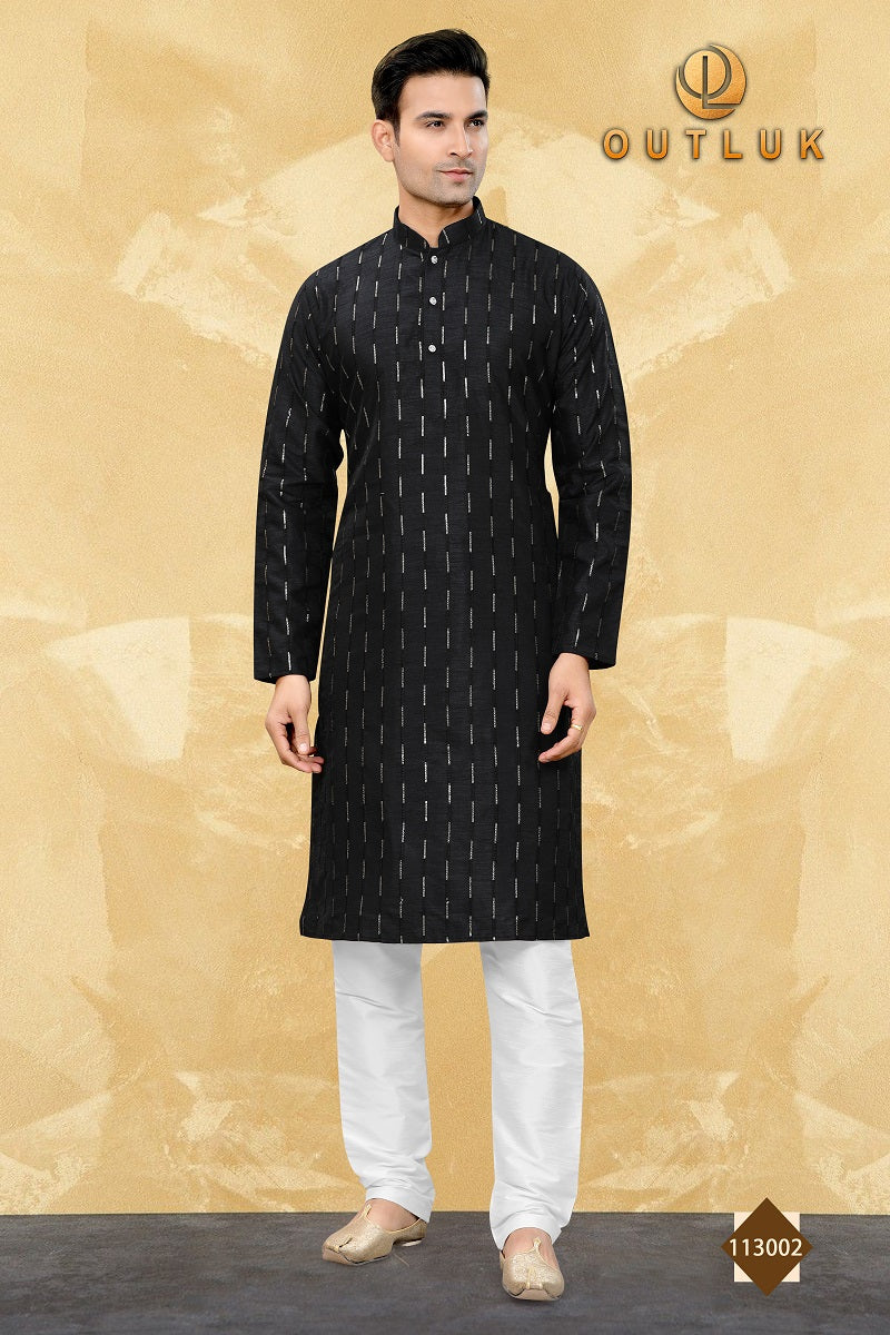 Black Art Silk Mens Kurta Pajama 113002