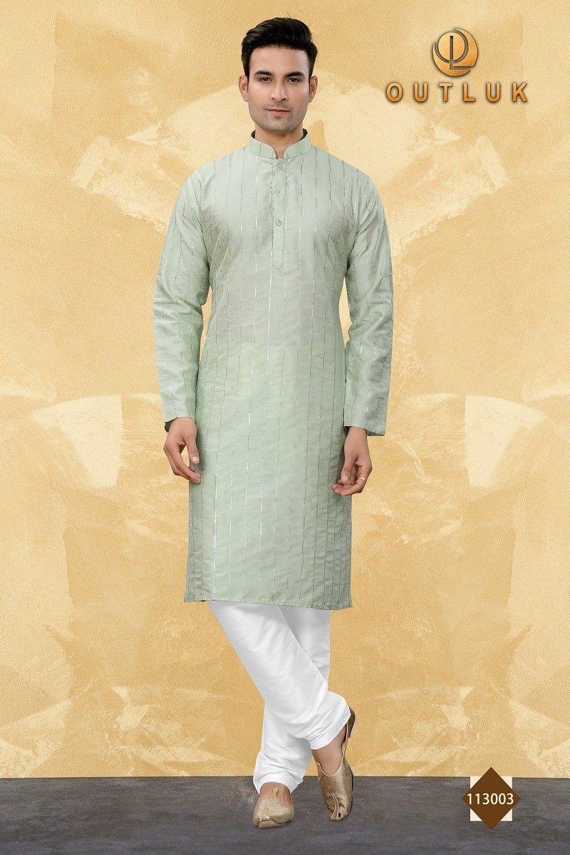 Light Green Art Silk Mens Kurta Pajama 113003