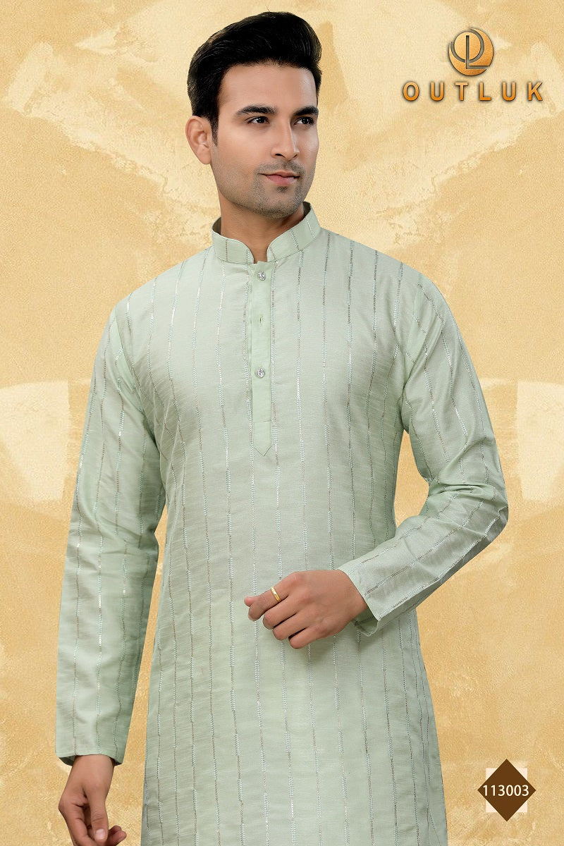 Light Green Art Silk Mens Kurta Pajama 113003