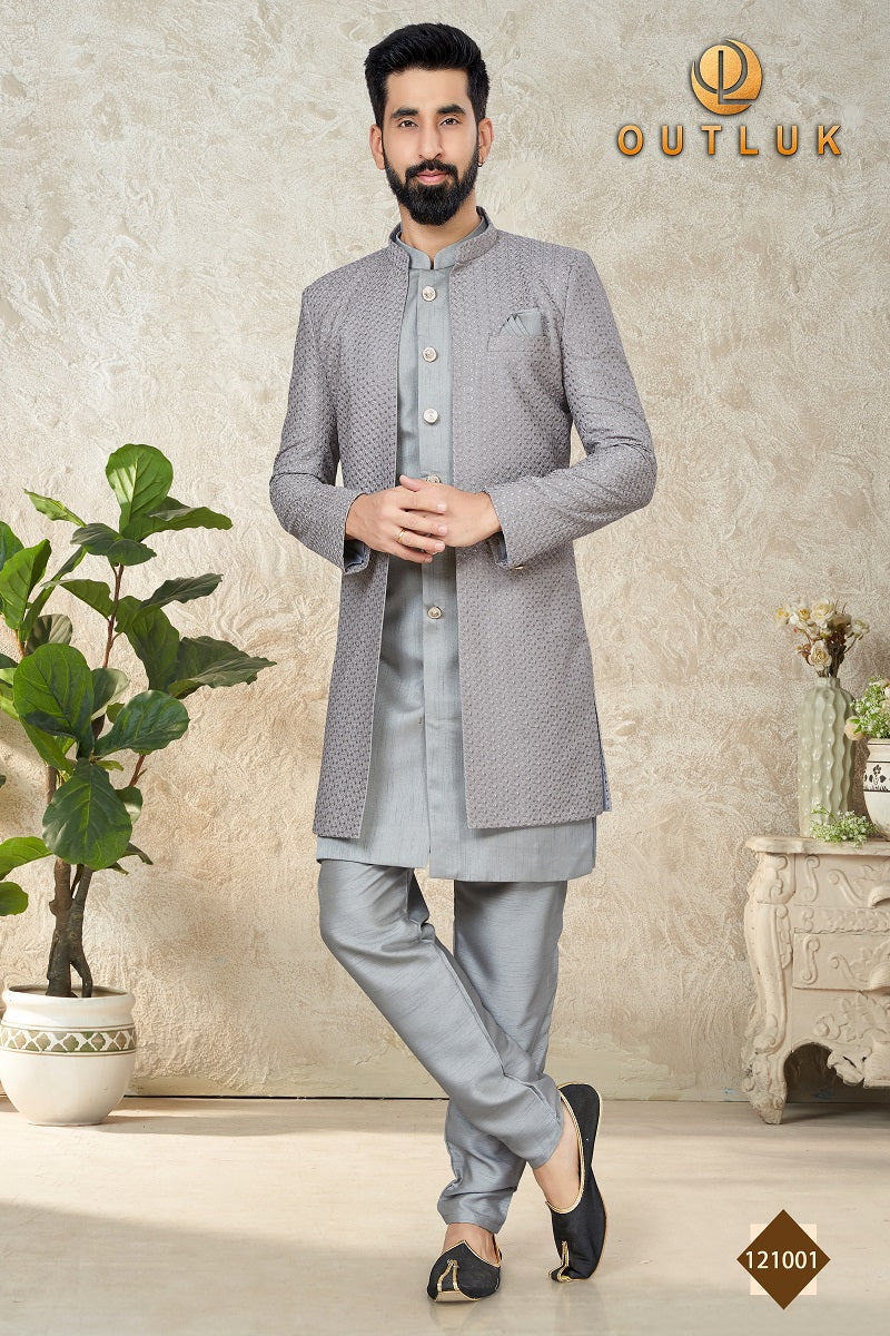 Gray Mataka Silk Mens Indo Western 121001