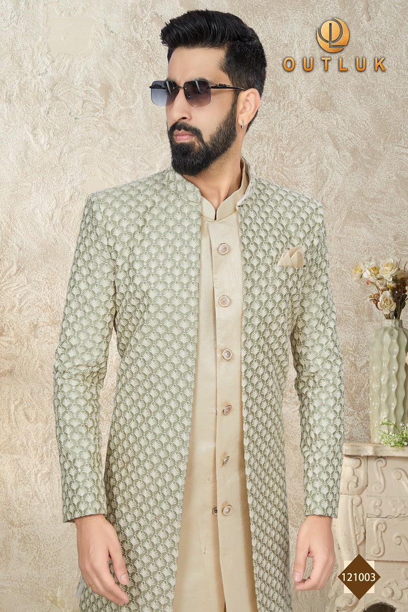 Beige Mataka Silk Mens Indo Western 121003