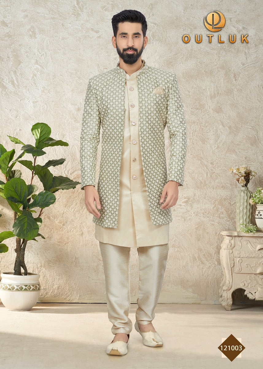 Beige Mataka Silk Mens Indo Western 121003