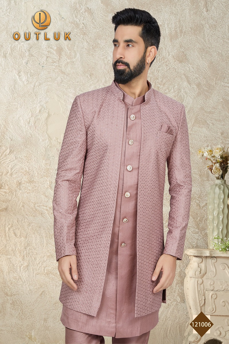 Onion Pink Mataka Silk Mens Indo Western 121006