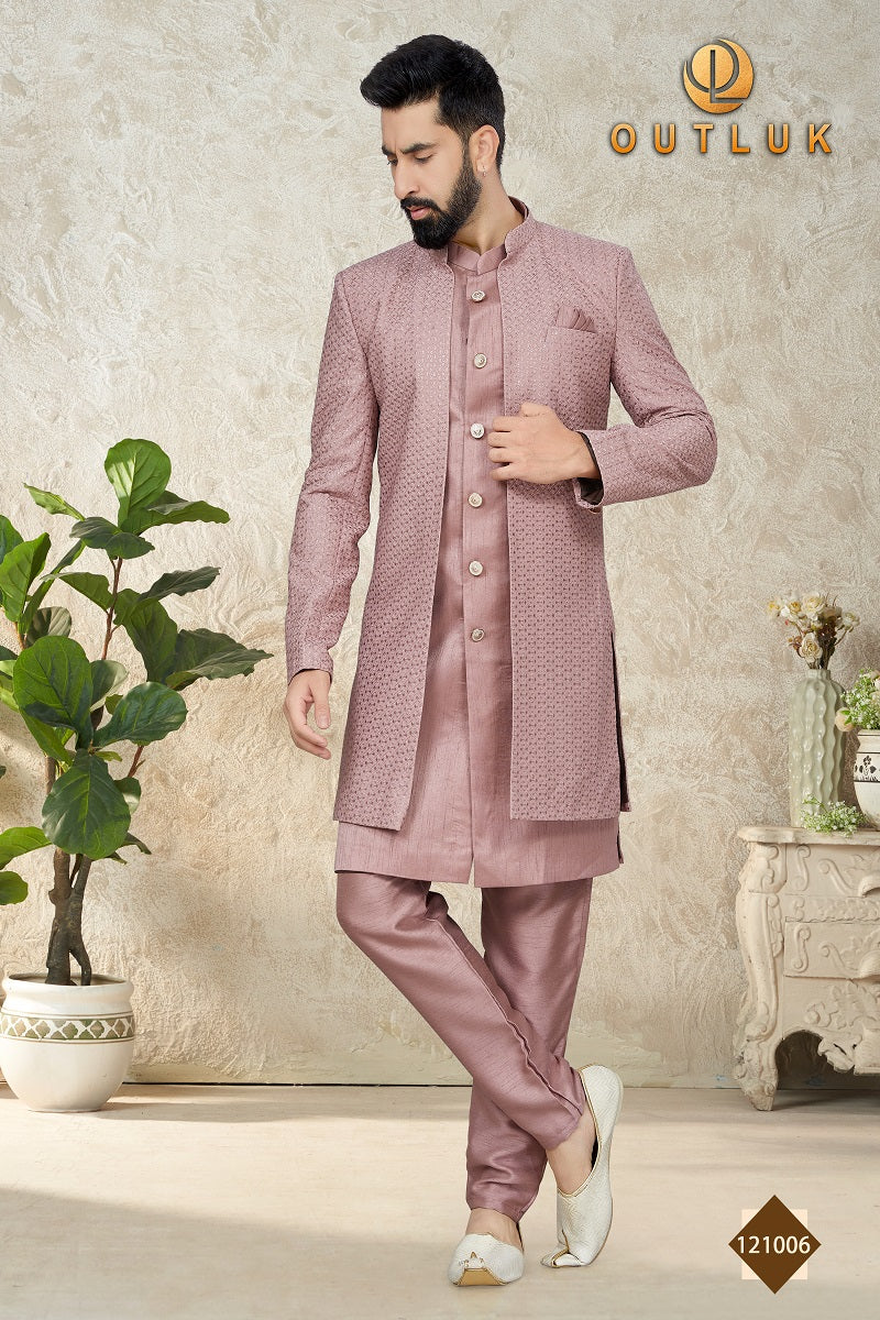 Onion Pink Mataka Silk Mens Indo Western 121006