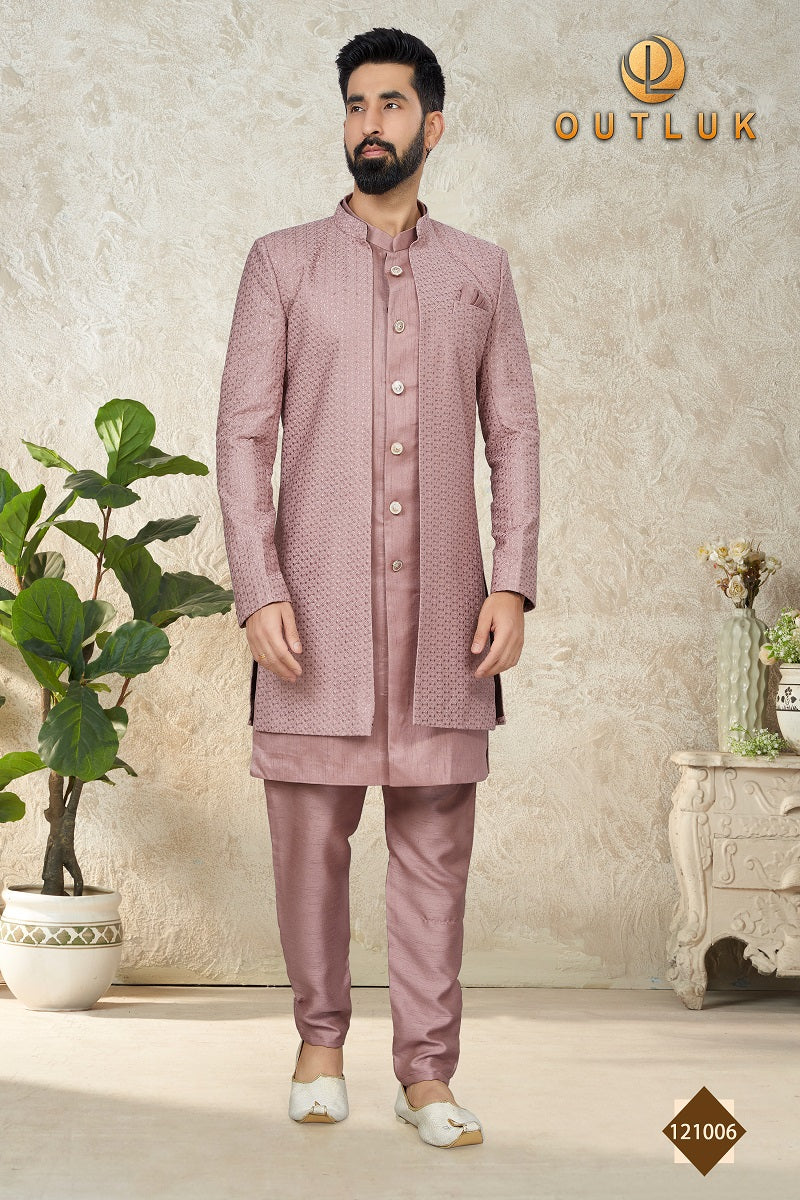 Onion Pink Mataka Silk Mens Indo Western 121006