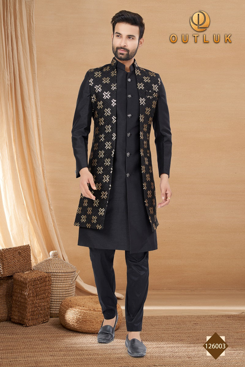 Black Art Silk Mens Indo Western 126003