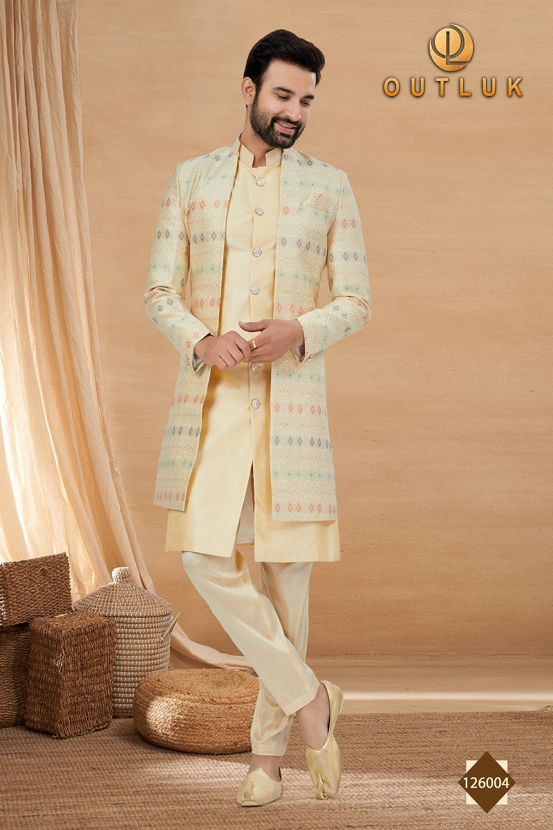 Beige Art Silk Mens Indo Western 126004