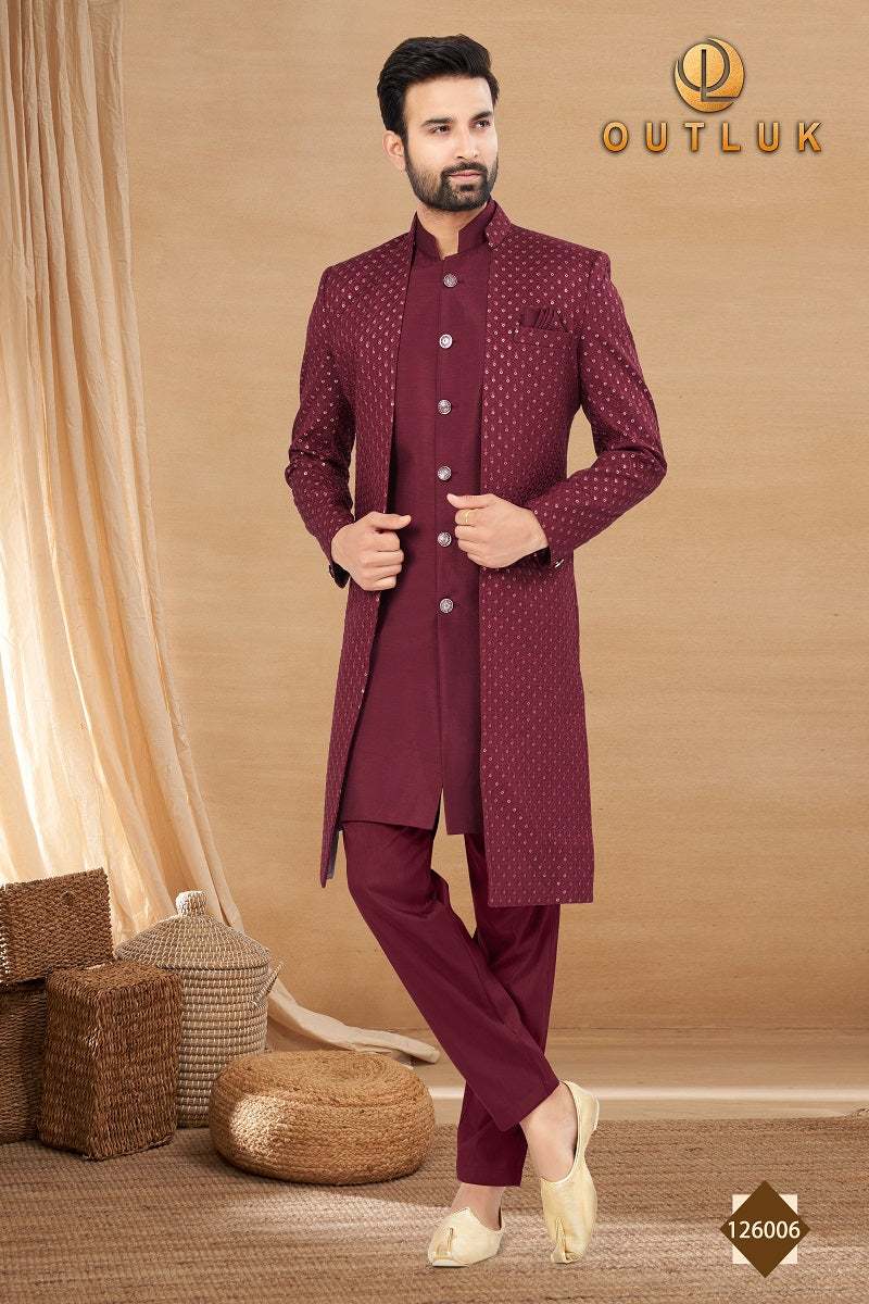 Maroon Art Silk Mens Indo Western 126006