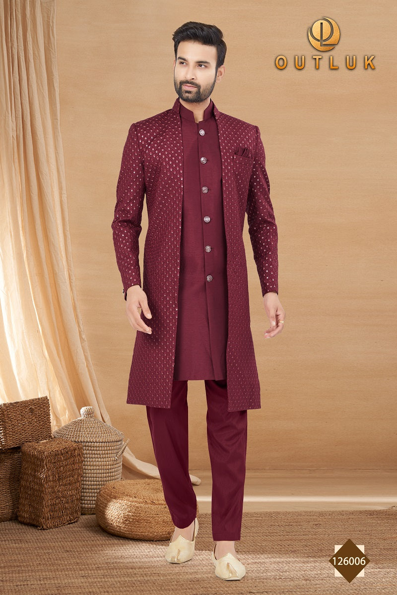 Maroon Art Silk Mens Indo Western 126006