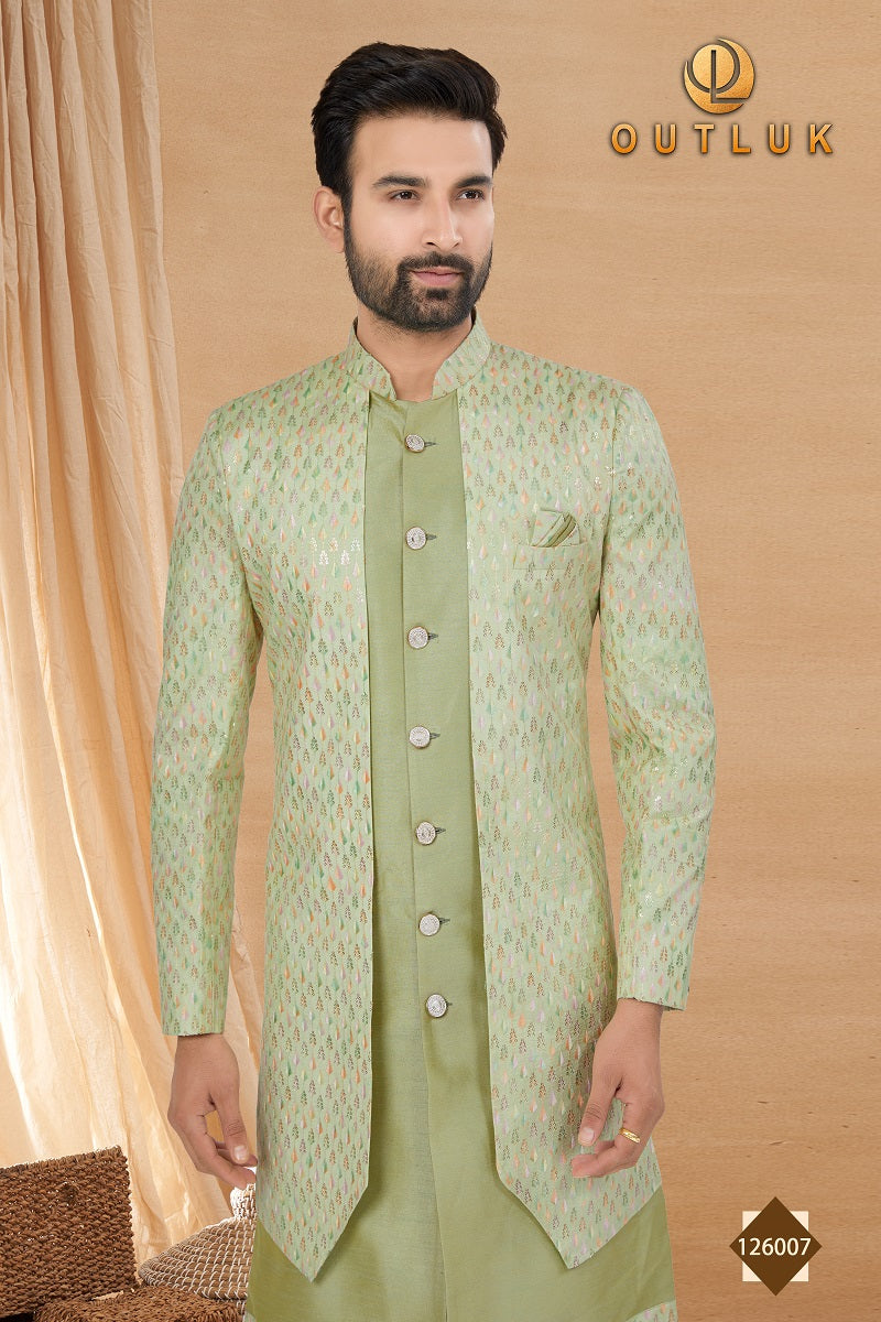 Pista Green Art Silk Mens Indo Western 126007