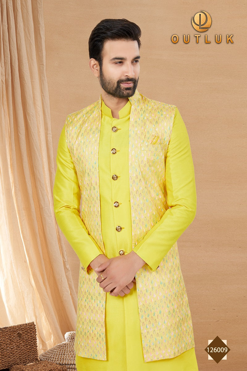 Lemon Yellow Art Silk Mens Indo Western 126009