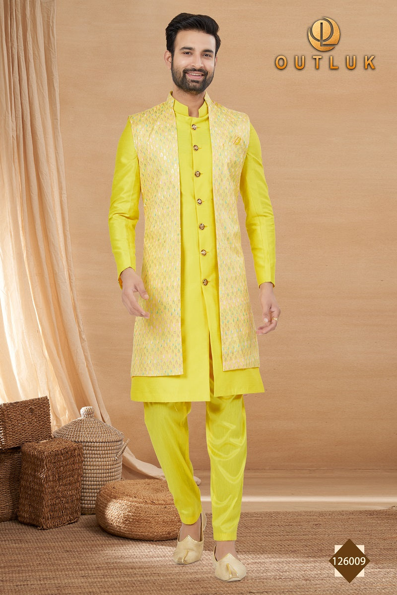 Lemon Yellow Art Silk Mens Indo Western 126009