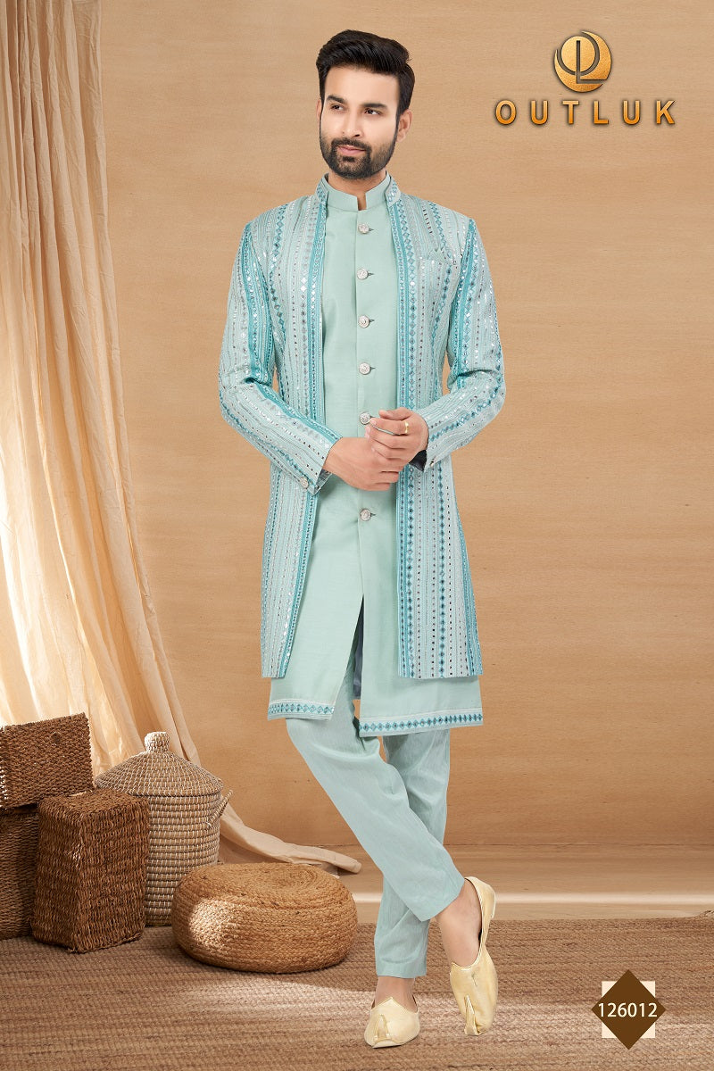 Sky Blue Art Silk Mens Indo Western 126012