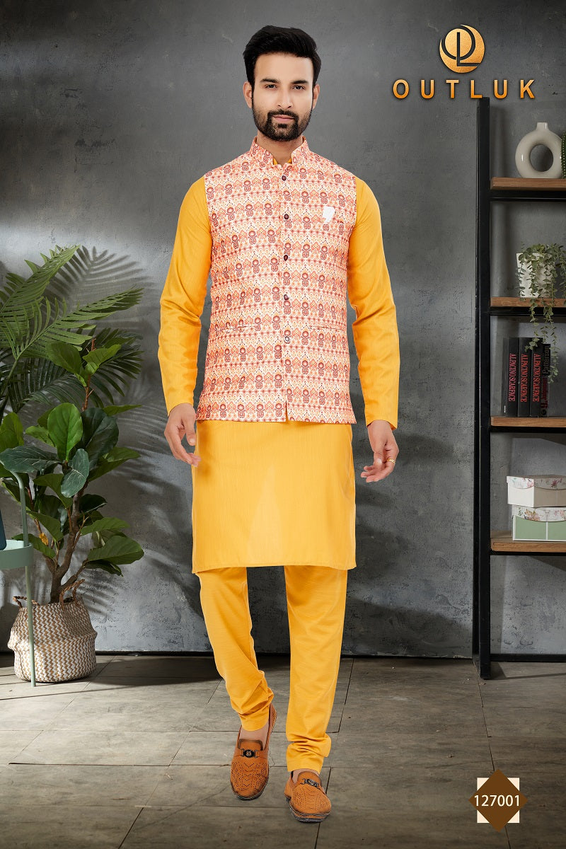 Yellow Cotton Mens Kurta Pajama with Jackets 127001