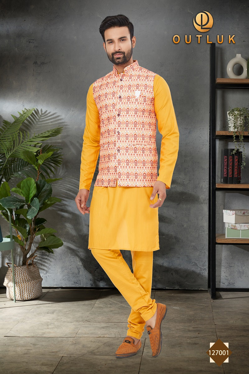 Yellow Cotton Mens Kurta Pajama with Jackets 127001