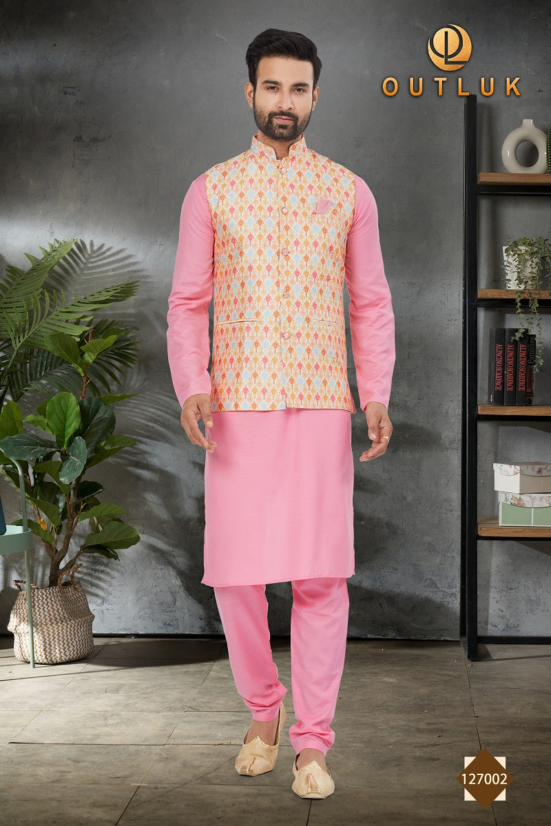 Pink Cotton Mens Kurta Pajama with Jackets 127002