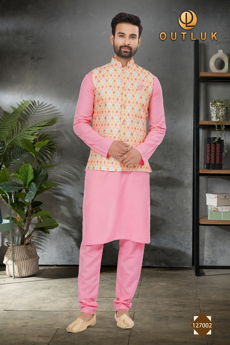 Pink Cotton Mens Kurta Pajama with Jackets 127002