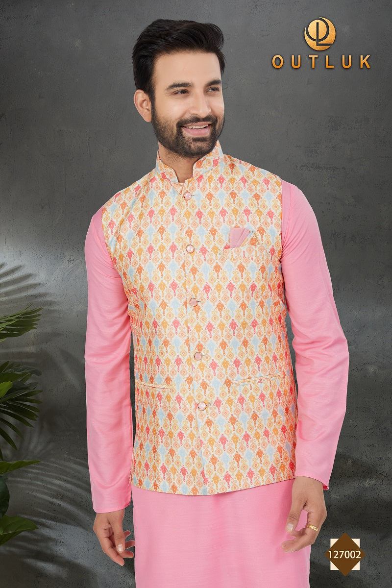 Pink Cotton Mens Kurta Pajama with Jackets 127002