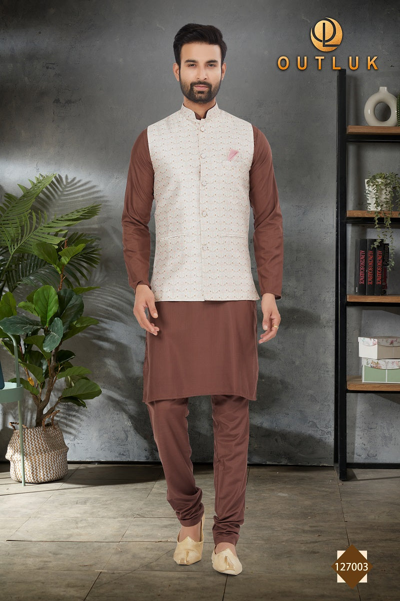 Brown Cotton Mens Kurta Pajama with Jackets 127003