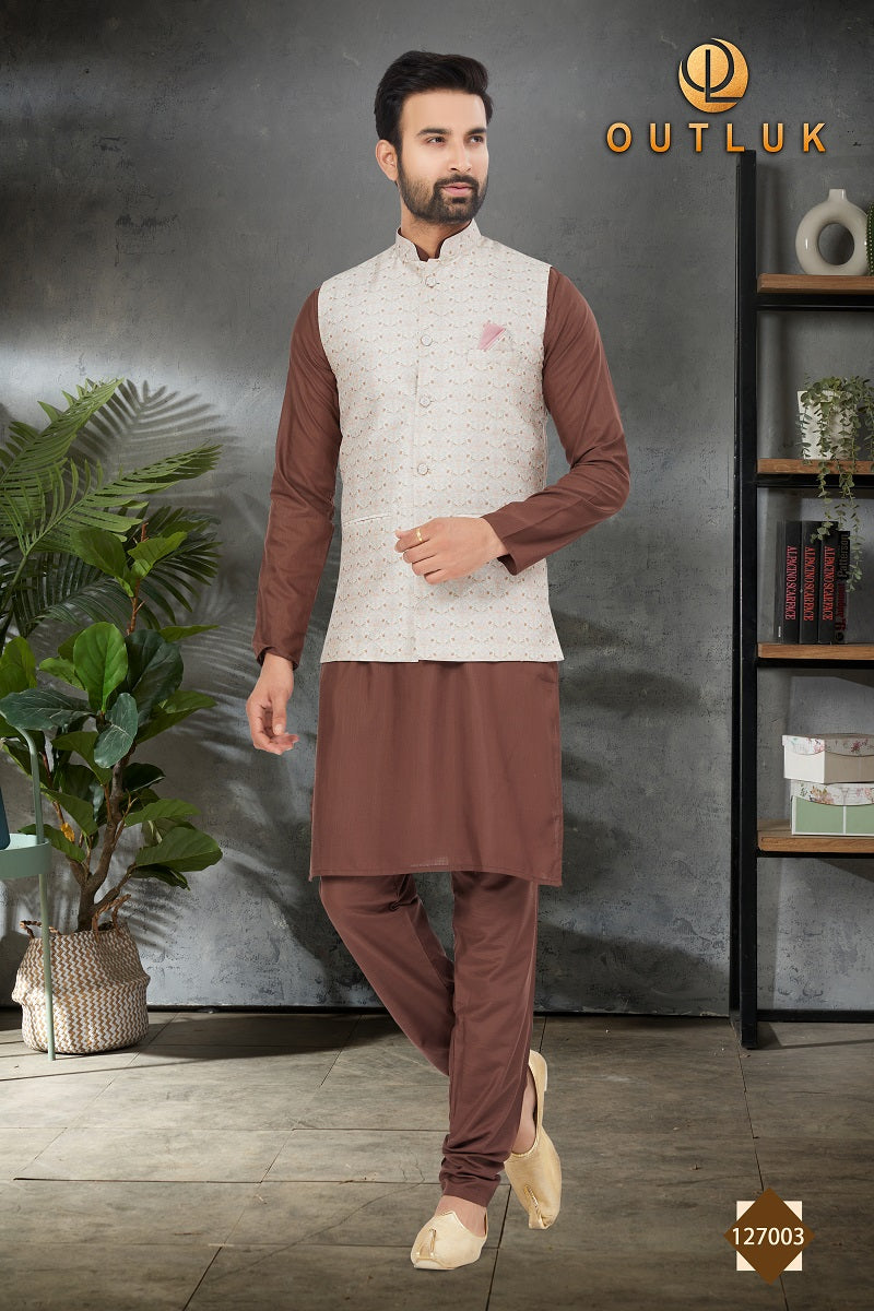 Brown Cotton Mens Kurta Pajama with Jackets 127003