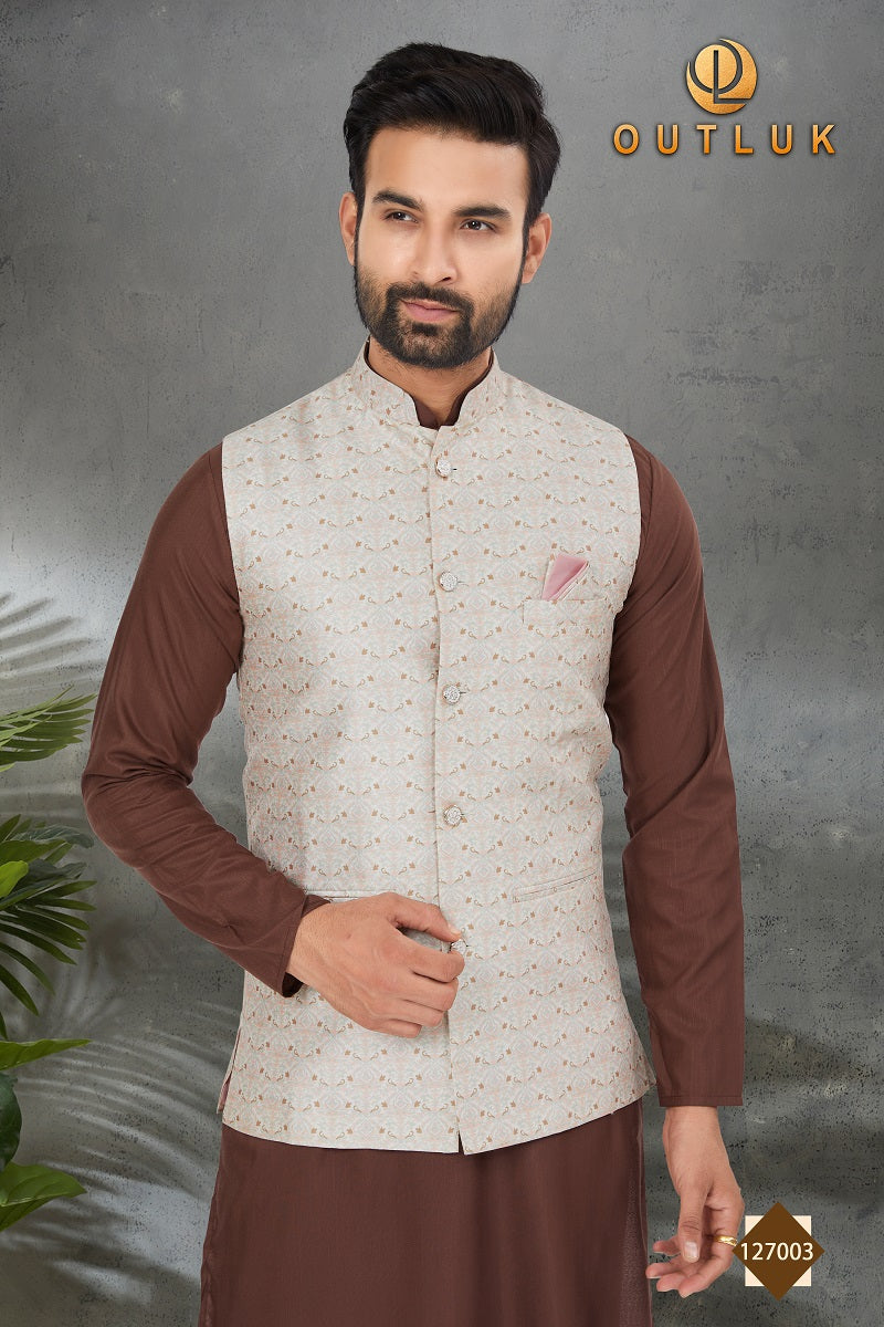 Brown Cotton Mens Kurta Pajama with Jackets 127003