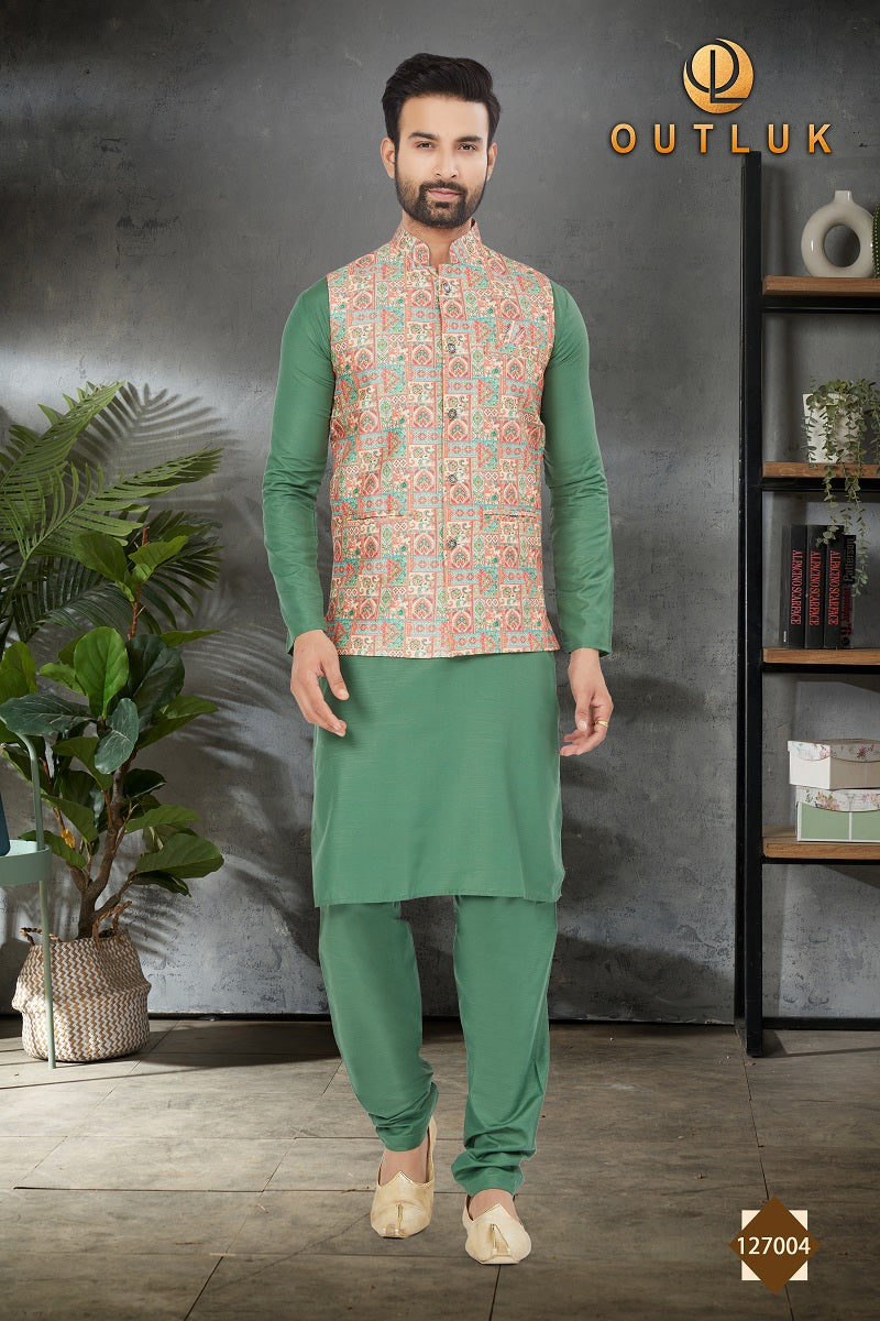 Green Cotton Mens Kurta Pajama with Jackets 127004