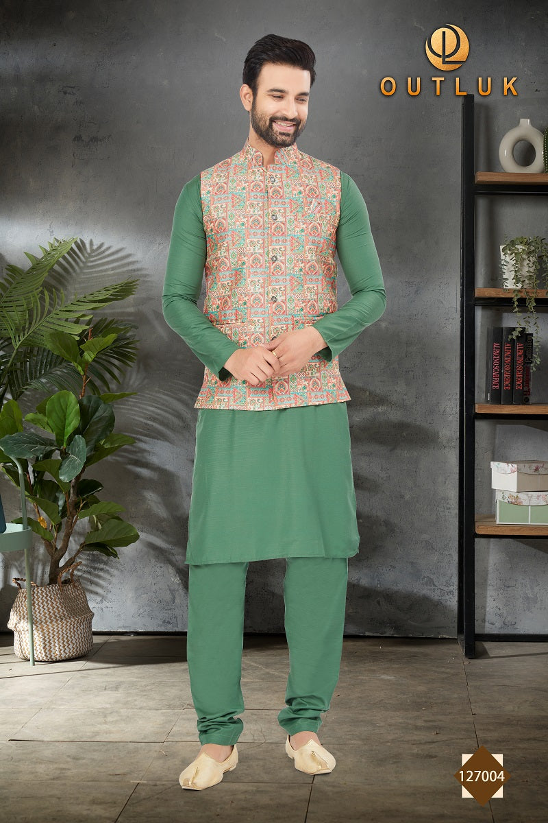 Green Cotton Mens Kurta Pajama with Jackets 127004