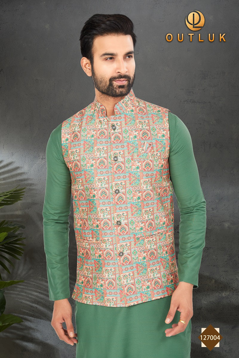 Green Cotton Mens Kurta Pajama with Jackets 127004