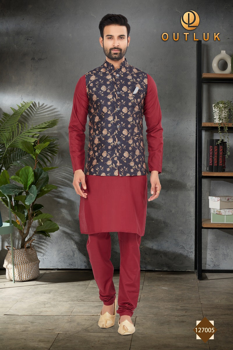 Maroon Cotton Mens Kurta Pajama with Jackets 127005