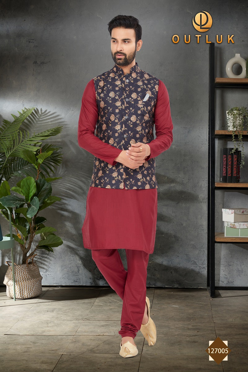 Maroon Cotton Mens Kurta Pajama with Jackets 127005