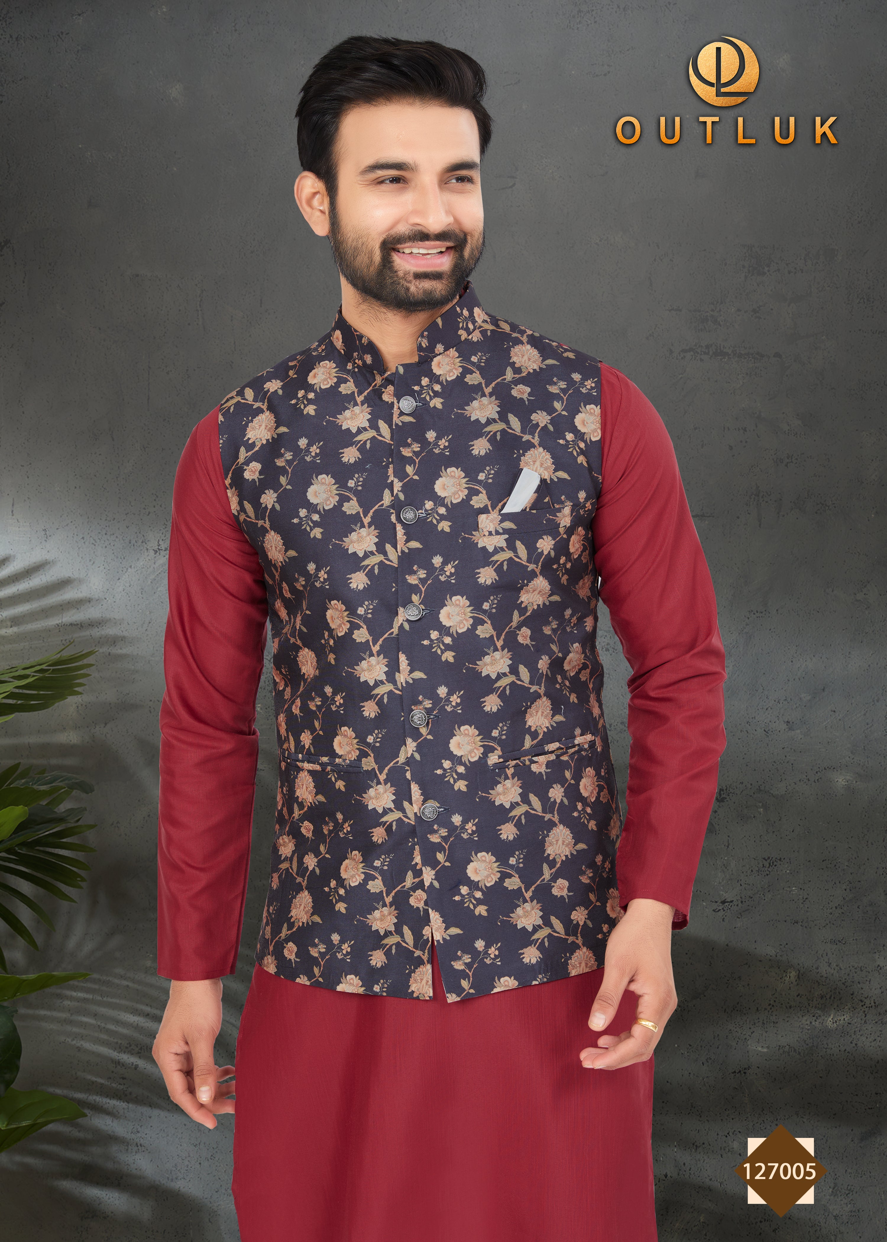 Maroon Cotton Mens Kurta Pajama with Jackets 127005