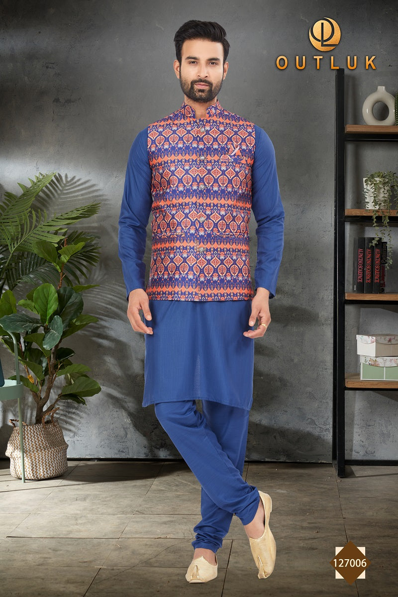 Blue Cotton Mens Kurta Pajama with Jackets 127006