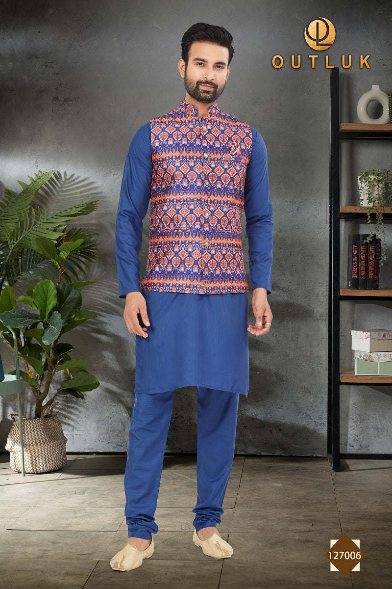 Blue Cotton Mens Kurta Pajama with Jackets 127006