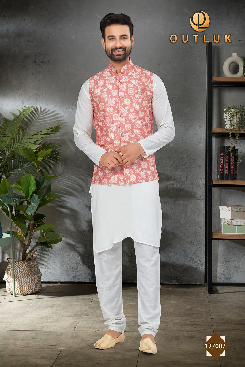 White Cotton Mens Kurta Pajama with Jackets 127007