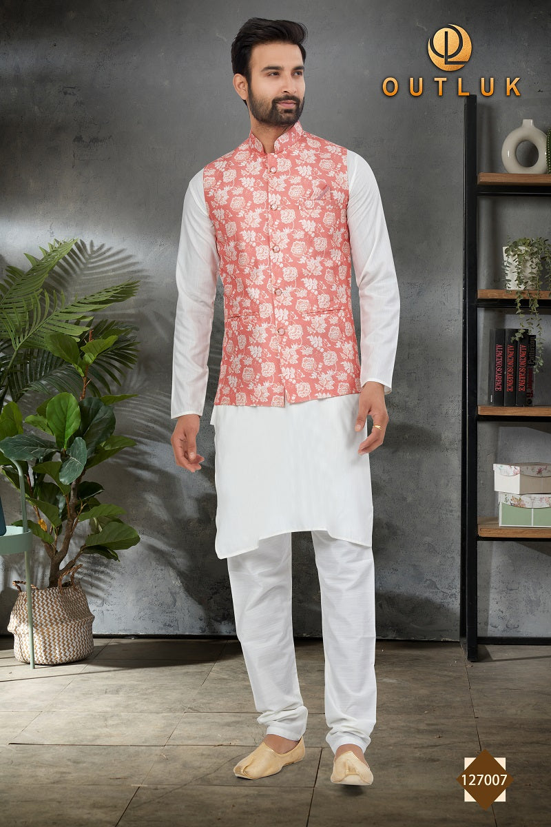 White Cotton Mens Kurta Pajama with Jackets 127007