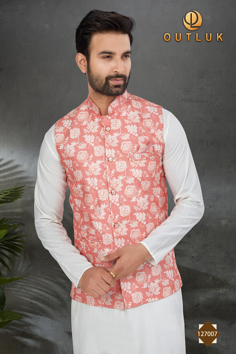 White Cotton Mens Kurta Pajama with Jackets 127007